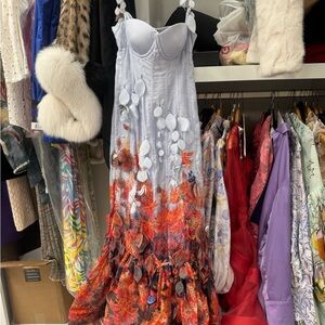 Zimmermann White to Orange Floral Maxi Dress with Leaf Appliqué